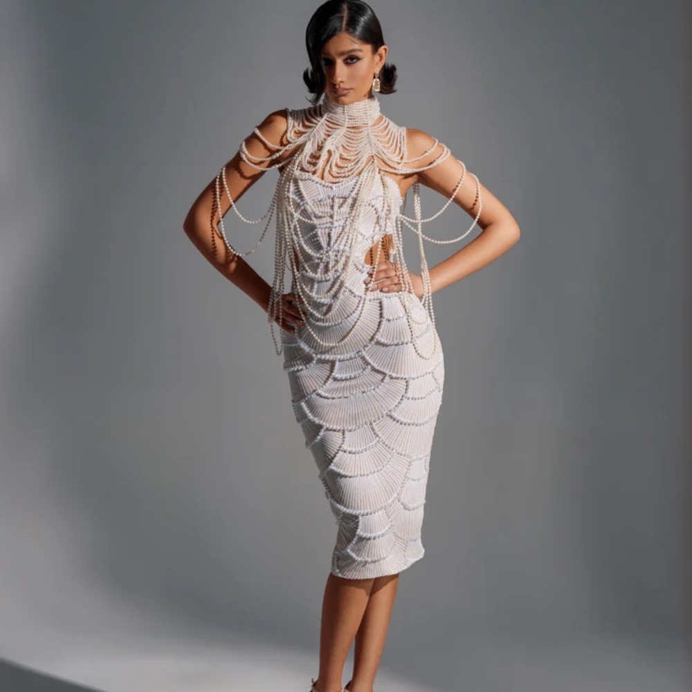 PRINCESS TREATMENT BEADED PEARL MIDI DRESS